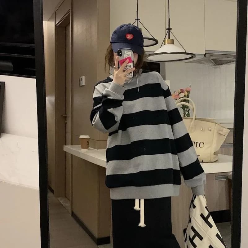 Women's Long Sleeve Casual Stripe Hoodie Jacket Autumn 2024 Straight Cut Polyester Fiber Thin Street Style round Neck