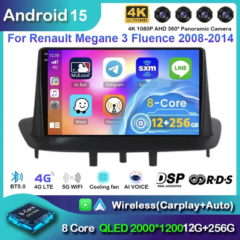 Android 15 Car Auto Radio Player for Renault Megane 3 Fluence 2008-2014 GPS Navigation QLED Screen 4G DSP Stereo