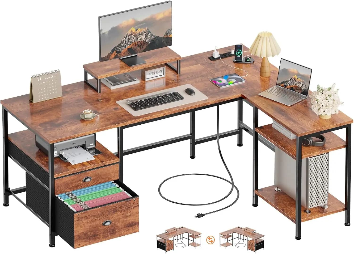 Corner Computer Desk with Power Outlet, 50 Inch Reversible L-Shaped Gaming Table for Home Office Work & Study, Includes File Drawer, Monitor Stand and Storage Shelves, Rustic Brown
