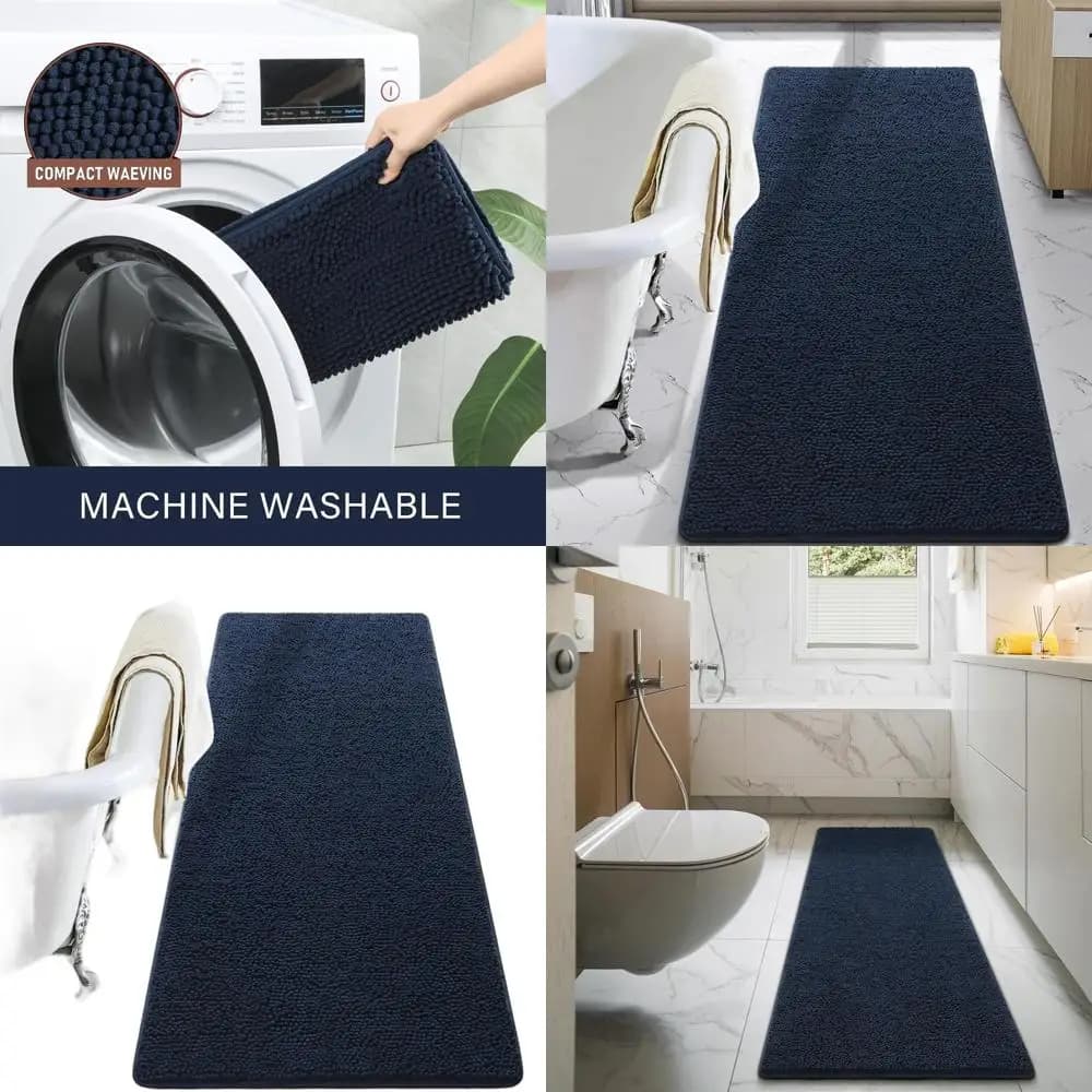 Tappetino da Bagno Shaggy 24x70 Pollici, Lavabile Antiscivolo, Tappeto Assorbente in Ciniglia per Doccia, Blu Navy