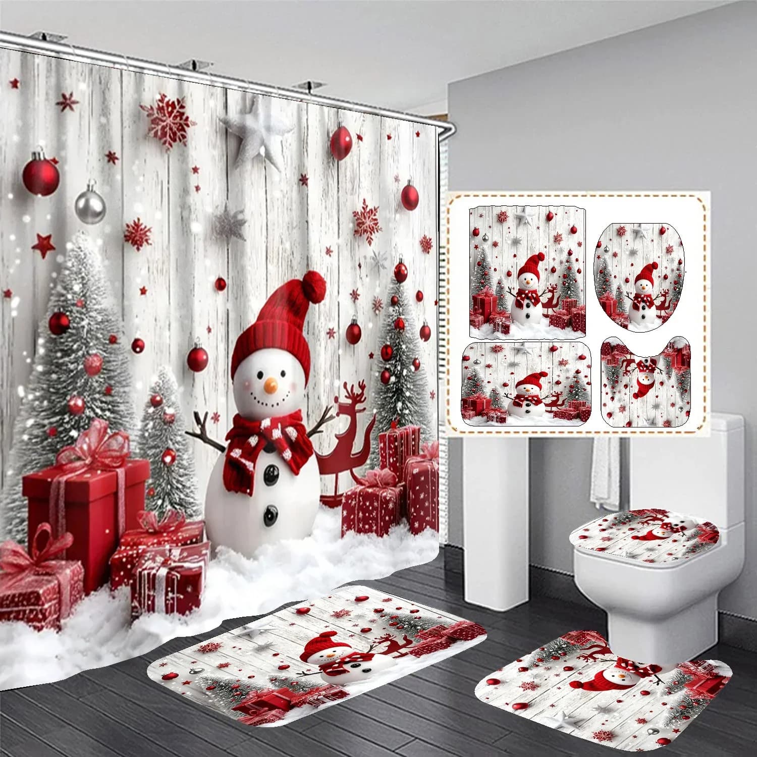 4PCS Christmas Snowman Bathroom Set , Shower Curtain Toilet Seat Cover Bath Mat 12 Plastic Hooks Holiday Decor