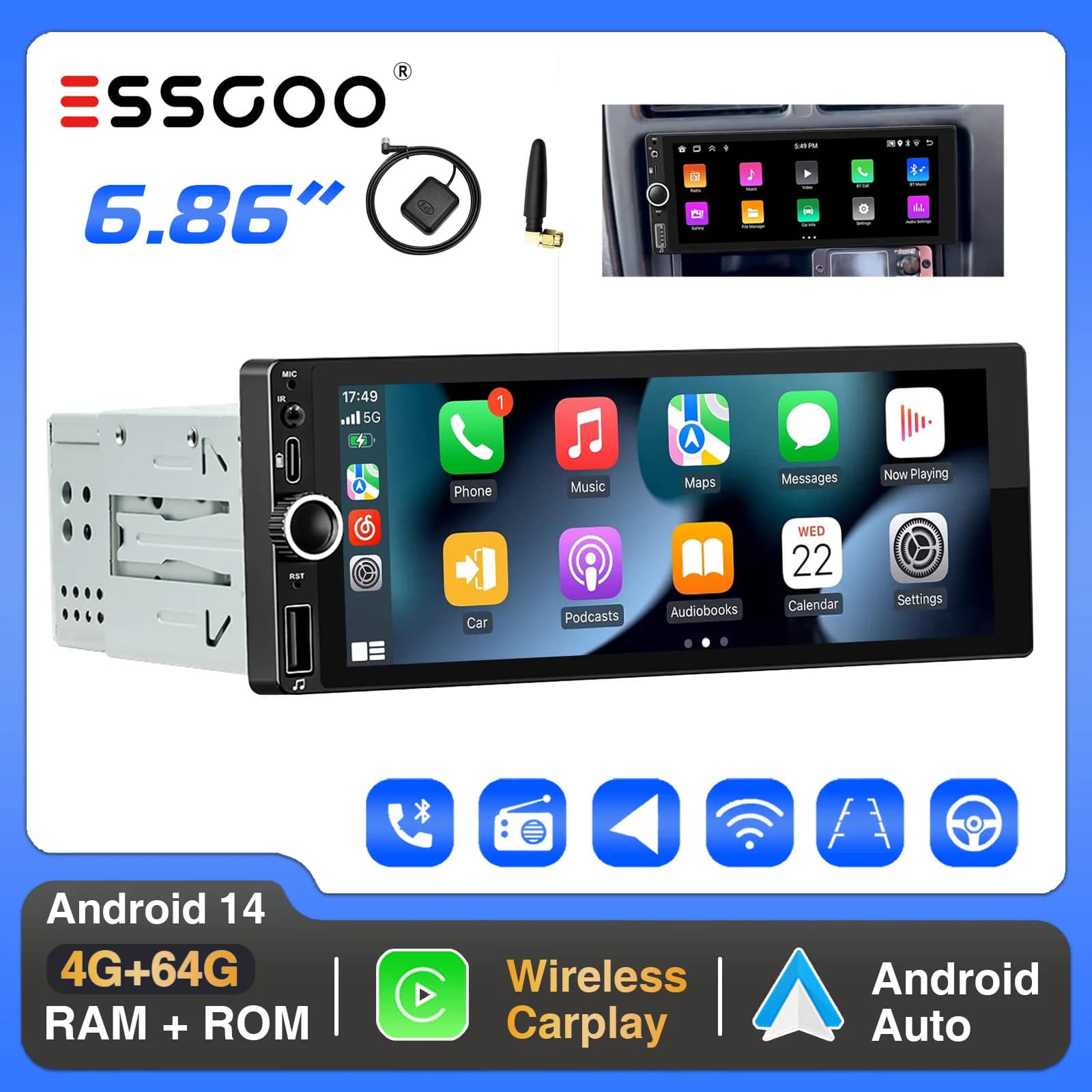 ESSGOO 1 DIN Android 14 4+64G Apple Carplay Android Auto Autoradio Schermo IPS 6.86" Bluetooth USB Type-C GPS Navi SAT RDS Wi-Fi SWC USB