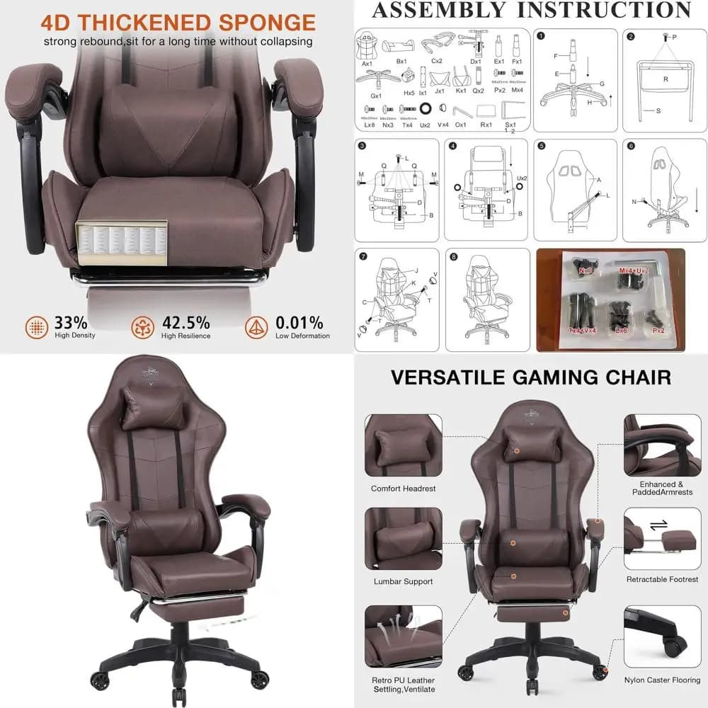 Sedia da Gaming Ergonomica con Schienale Alto: Sedia da Ufficio Girevole con Supporto Lombare per Uomini e Donne (Marrone)