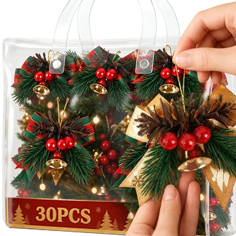 Mini Christmas Bowknot Bells Pinecone Red Berries Hanging Ornament Xmas Tree Gift Box Bells Home Holiday Party DIY Decor Pendent