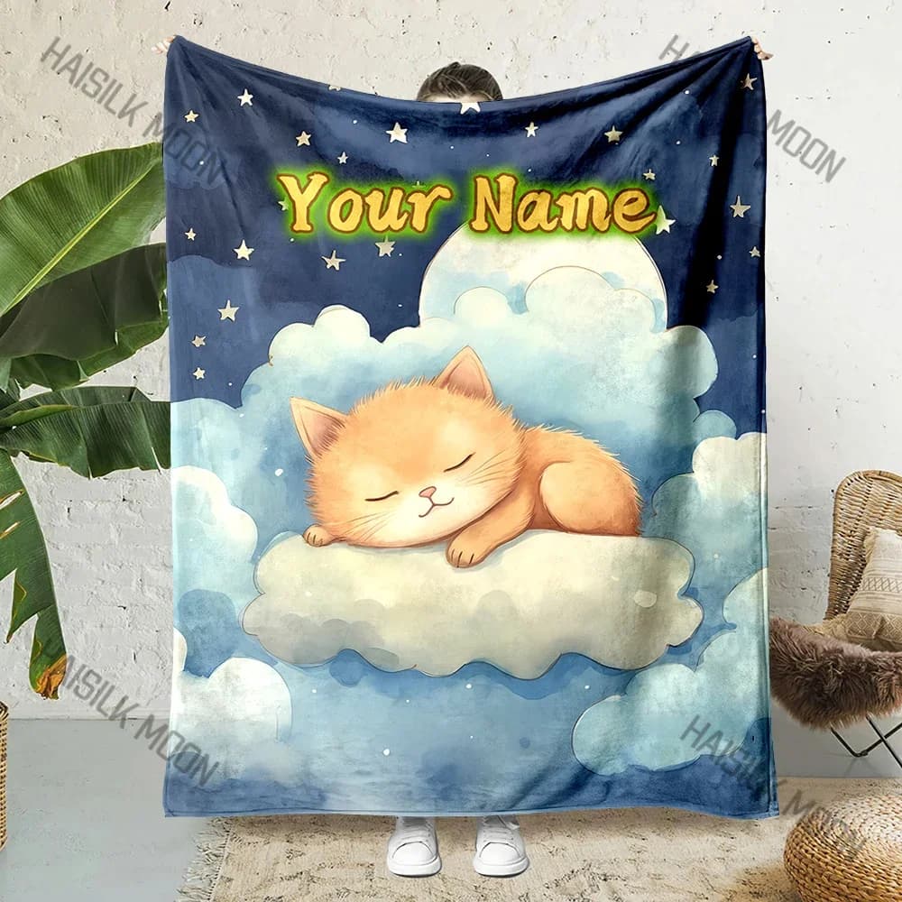 Coperta con nome personalizzato Simpatico gattino che dorme nella nuvole Stampa adatta per divano, letto, viaggi, campeggio, sedia da ufficio, coperta da letto, regali