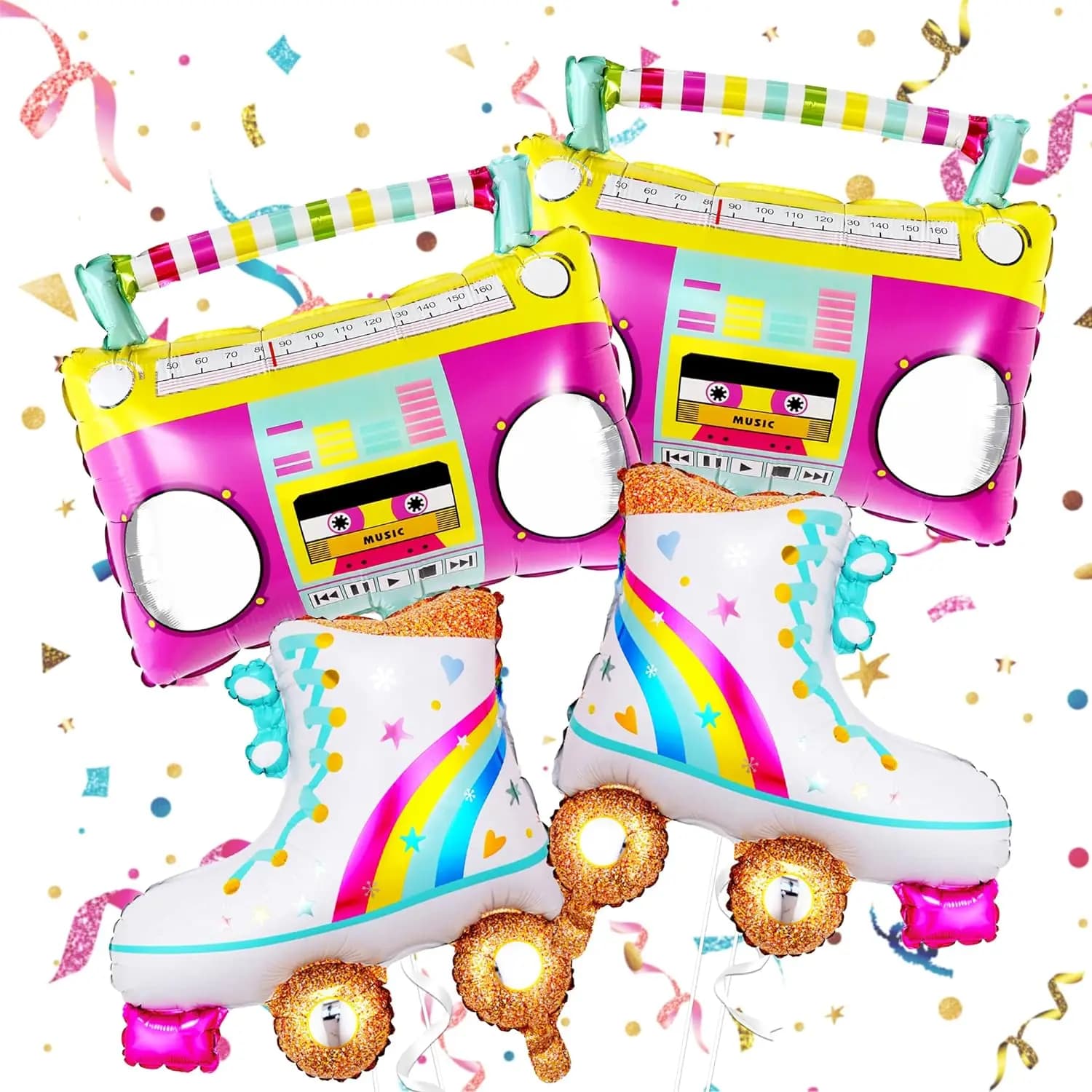 4 pezzi, 2 pattini da ghiaccio e 2 set di palloncini in pellicola di alluminio radio colorata con decorazioni per feste di compleanno a tema hip-hop retrò