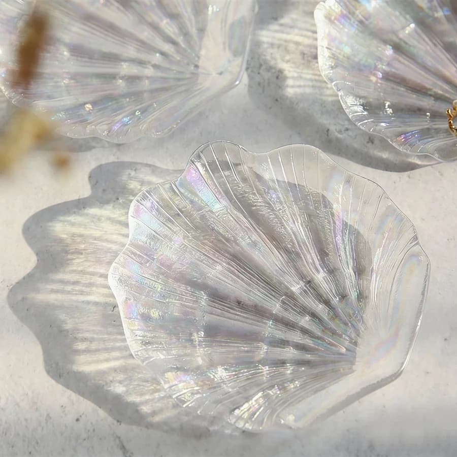 Iridescent Shell Glass Jewelry Tray, Decorative Plate for Earrings, Necklaces, Small Organizer for Cosmetic Accessories, Photo Accessories