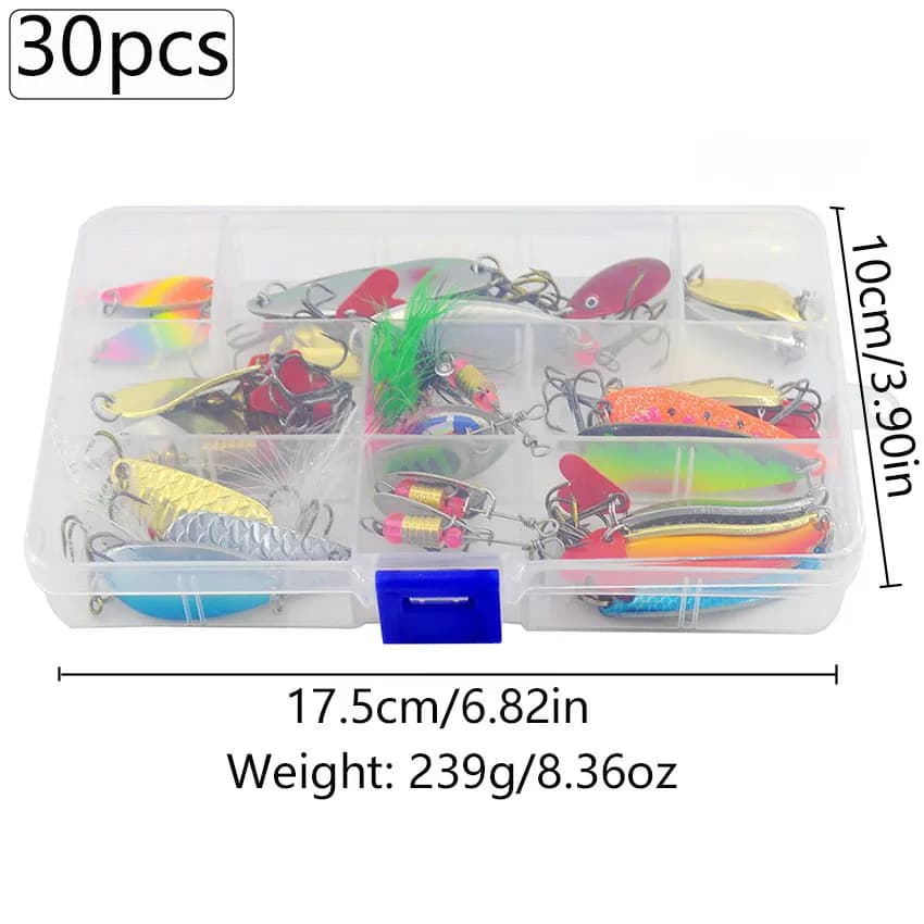 30pcs/box Jig Metal Spinner Spoon Wobbler Fishing Lure Set Kit VIB Hard Bait Sequins For Trout Bass Carp Fishing Tackle Box