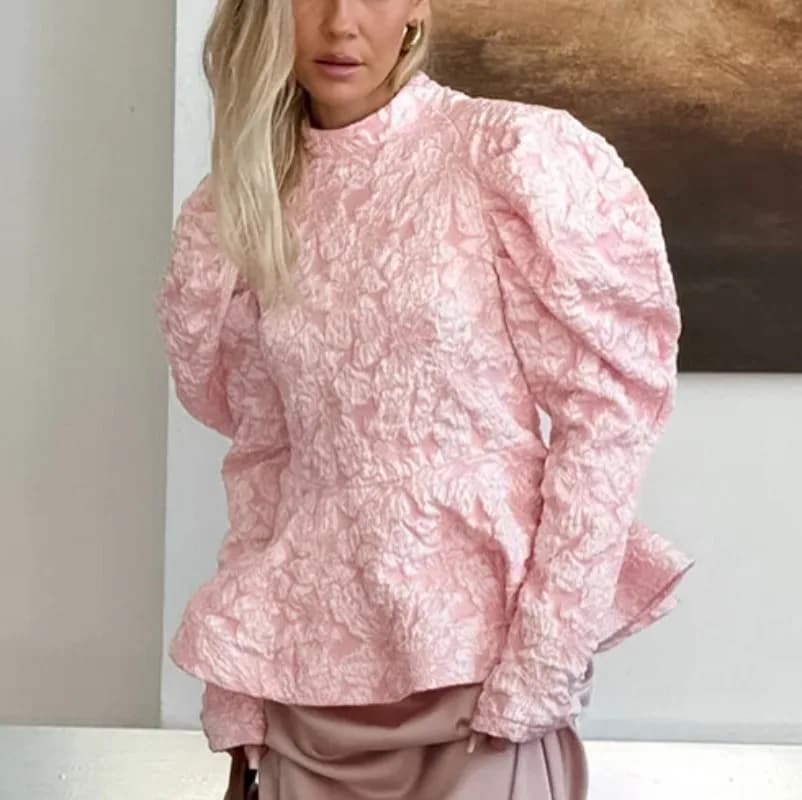 Lemongor Top Peplo jacquard Structured Solid Color Women's 2026 New Spring Sweat Sleeves Slim Fit Elegant Blouses With Hinge For Party