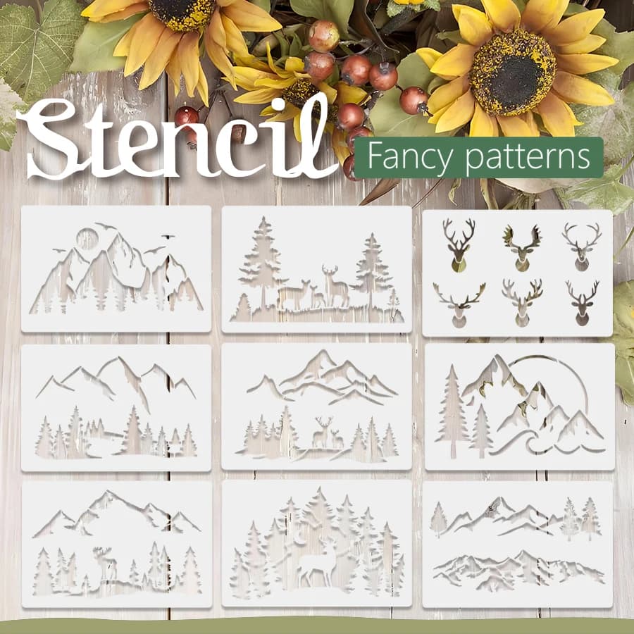 12 PZ A4 8.2×11.7 pollici Foresta di Montagna Cervo Stencil Set Riutilizzabili Modelli di Pittura per la Parete FAI DA TE Legno Tessuto Tote Bag Carta Journ