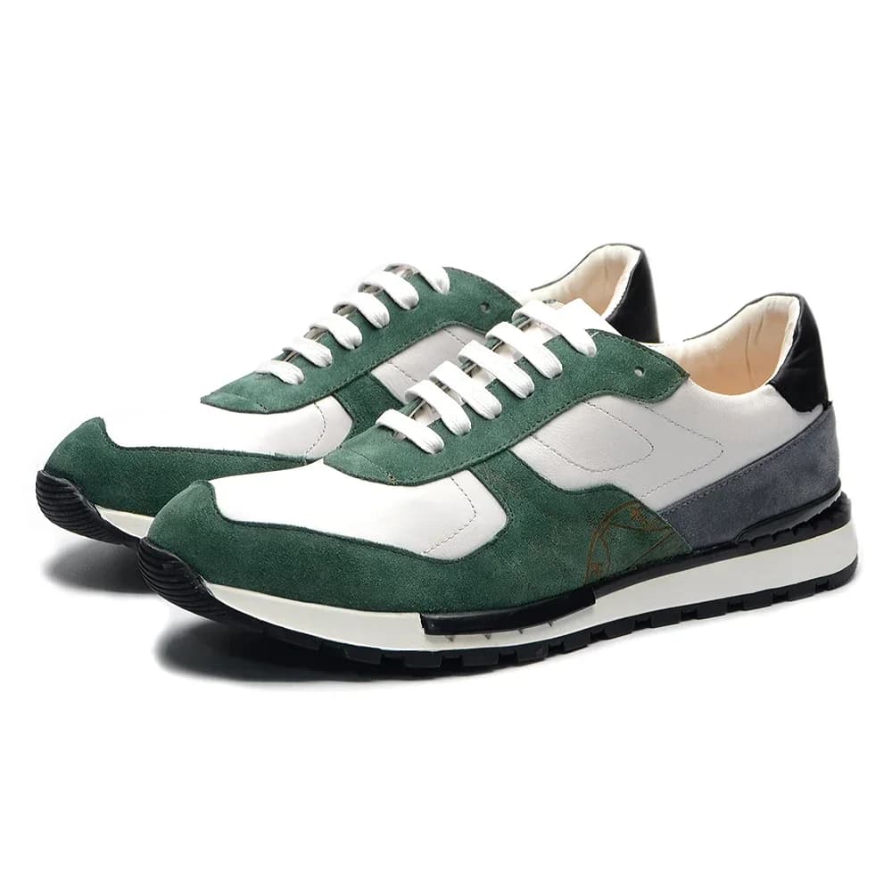 Sneakers di Lusso da Uomo in Vera Pelle Scamosciata Verde e Bianca, Comode Scarpe Oxford con Lacci, Calzature Casual da Strada alla Moda