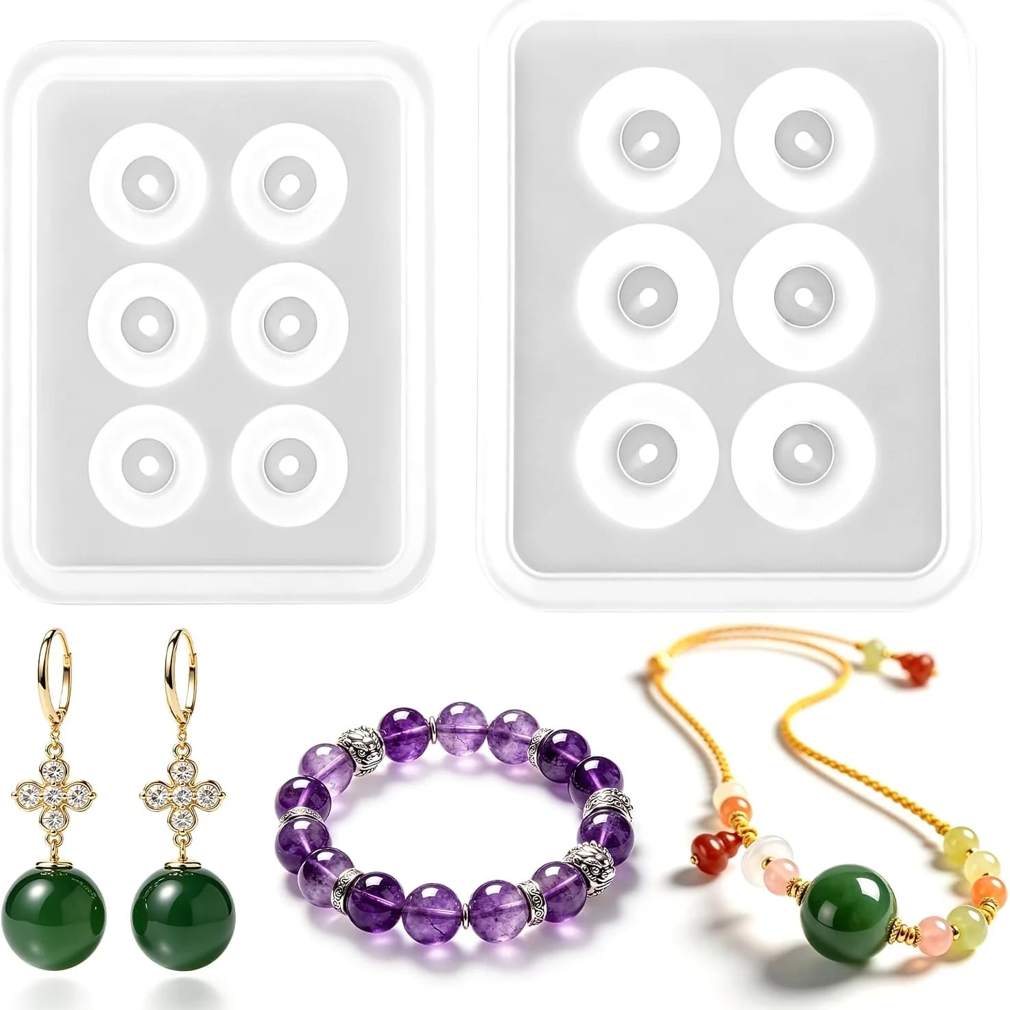 Two perforated spherical silicone bead molds, circular epoxy resin molds, suitable for jewelry and gemstone DIY projects