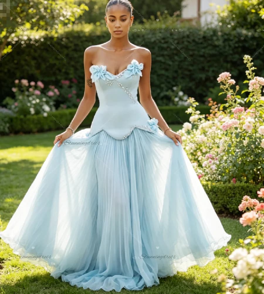 Abito da ballo azzurro 2026 con fiori 3D, plissettato e fluido, lungo fino al pavimento, con strass, abito da sera elegante e affascinante per feste formali