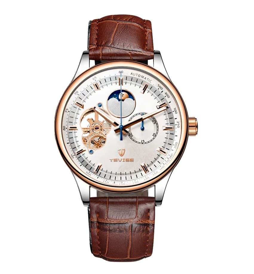 TEVISE Watch for Men Mechanical Wristwatch Top Brand Automatic Movement Skeleton Moon Phase Luxury Fashion Watch Gift