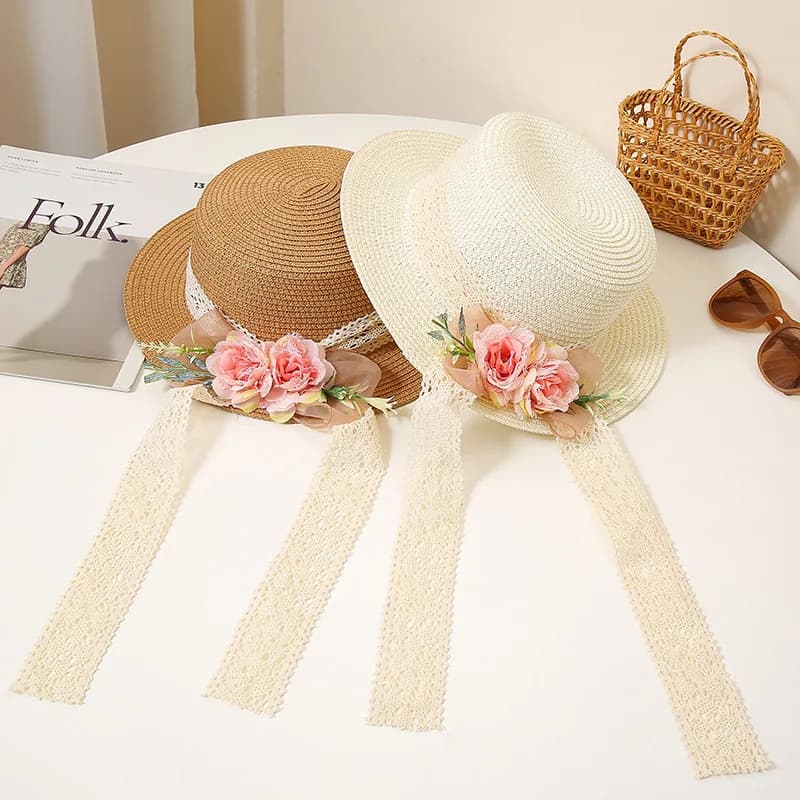 Cappello di paglia estivo Cappello Panama da donna in stile coreano Berretto di protezione solare a tesa larga Versatile cappello da spiaggia per le vacanze Fascinator