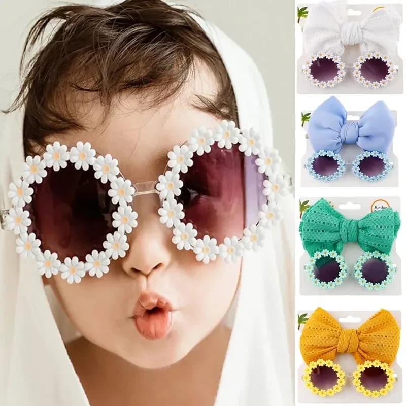 2Pcs Daisy Baby Girls Sunglasses and Bow Headband Set Elastic Nylon Hair Bands Seaside Sun Glasses Kids Hair Accessories