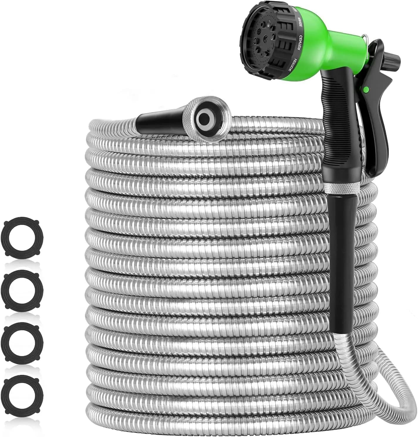 304 Stainless Steel Garden Hose 150ft with 8-Pattern Nozzle, Heavy Duty Metal Water Pipe for Yard, Never Kink & Tangle, Puncture