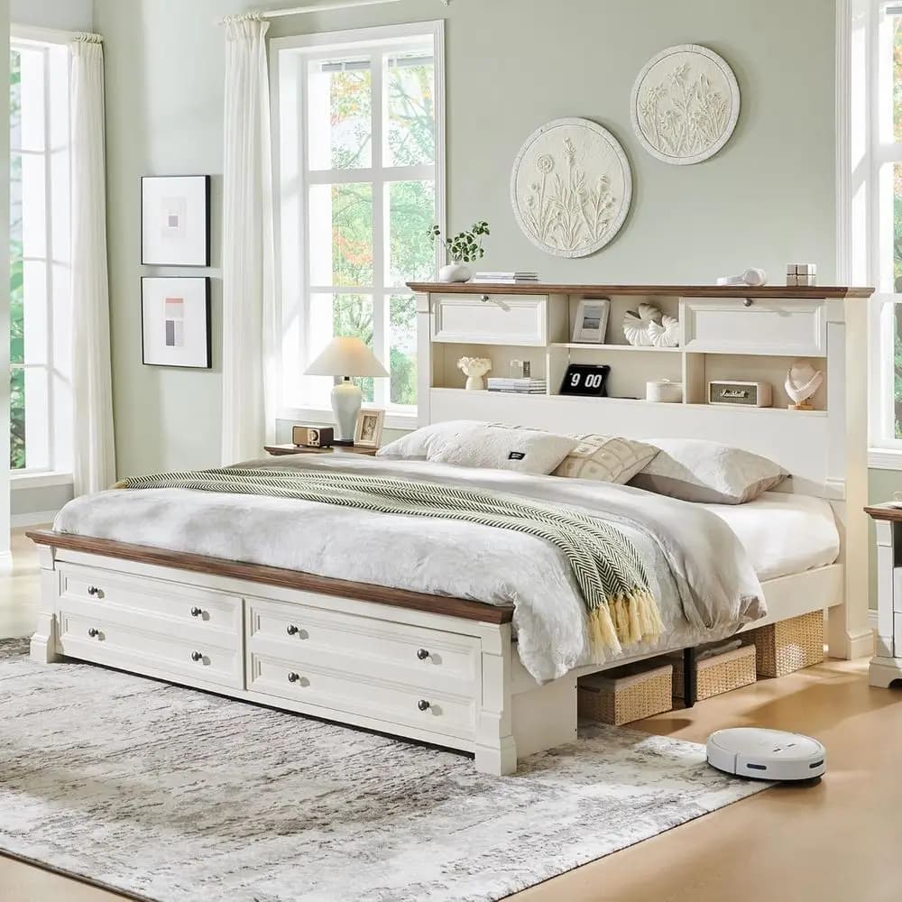 Letto King Size con Contenitore e Testiera Libreria da 54 Pollici, Letto a Piattaforma in Legno con 2 Cassetti e 18 Pali Decorativi, Non Richiede Rete a Doghe