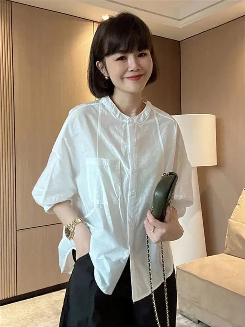 Camicia da donna stile francese, estiva, sottile, a maniche a cinque quarti, alla moda, che nasconde le imperfezioni, corta davanti e lunga dietro