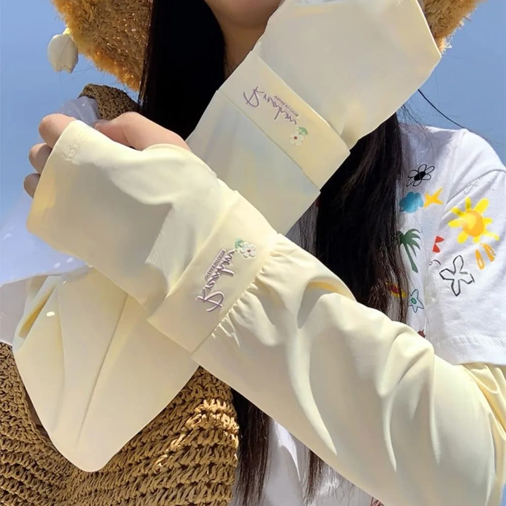 Long silk sleeves embroidered with flowers, elasticized and wide, sun protection, thin, anti-UV, outdoor cycling gloves