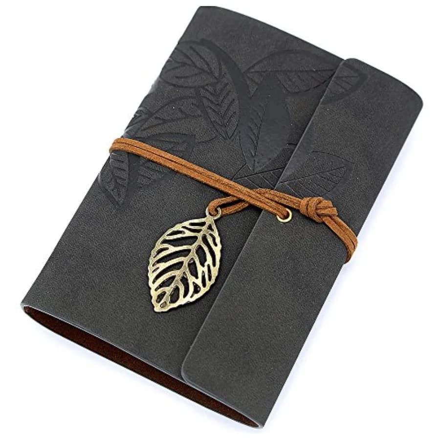 7" Vintage Leather Journal - Professional B6 Refillable Binder Notebook with Retro Leaf Pendant, Sleek PU Leather Cover, 160 Pa