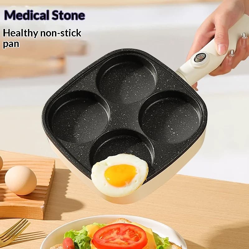 Non Stick 4 in 1 Egg Cooker Frying Pan Four Hole Breakfast Pan Single Handle Dishwasher Safe for Electric Coil Stoves Home