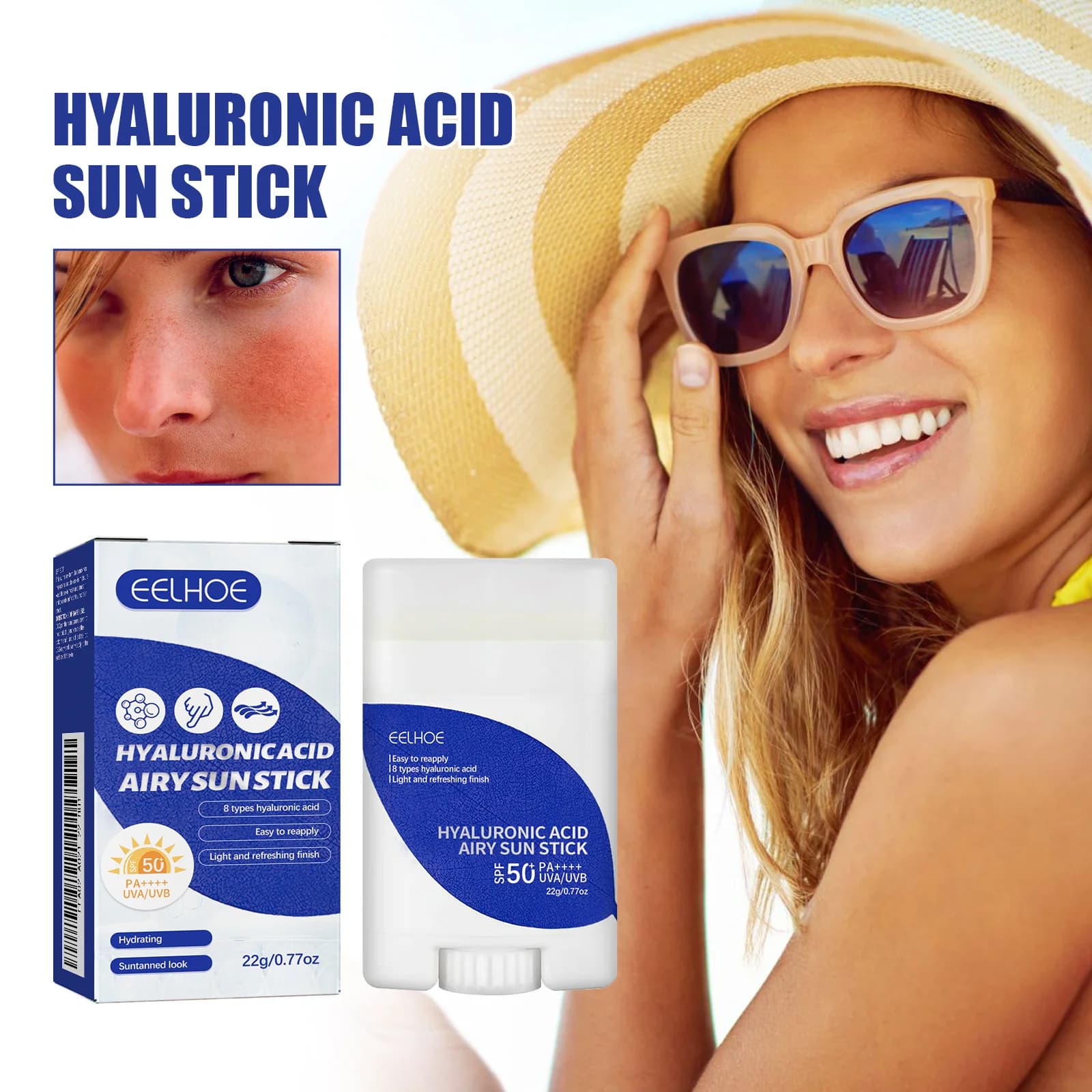 Crema solare minerale vegana resistente all'acqua SPF50 PA+++ naturale leggera per il viso 22g con acido ialuronico in stick idratante