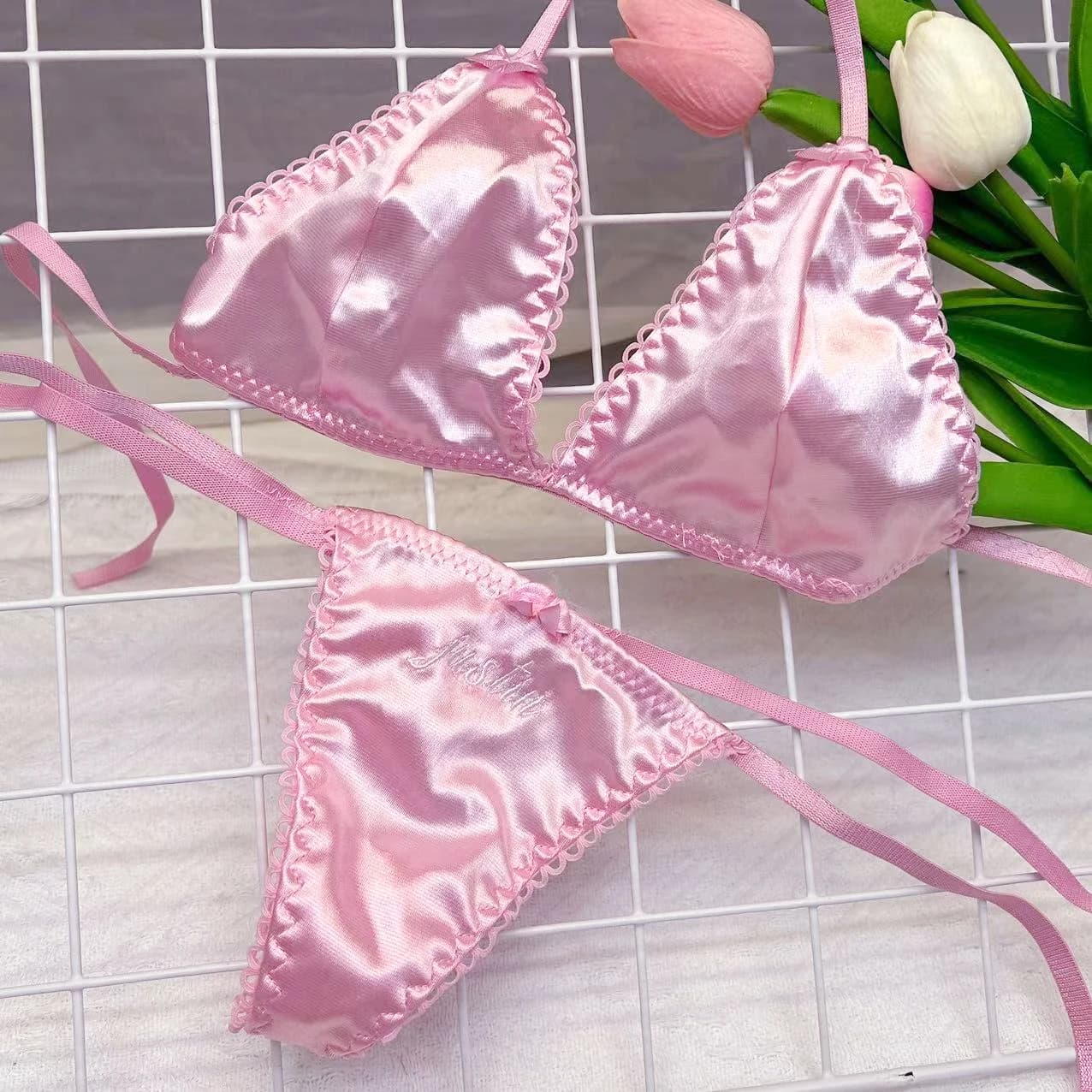 Set of custom twisted bras Bikini with embroidered letters Name Personality String Sexy Mutandine Y2k Hotwife Intimo Pink swimsuit