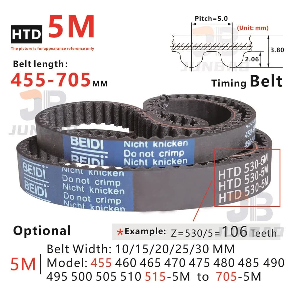 455-705mm, cinghia dentata 5M, forma modello 455-5M, 460-5M, 465-5M, 470-5M a 705-5M, per stampanti fai da te/CNC/3D, ruota sincrona HTD5M