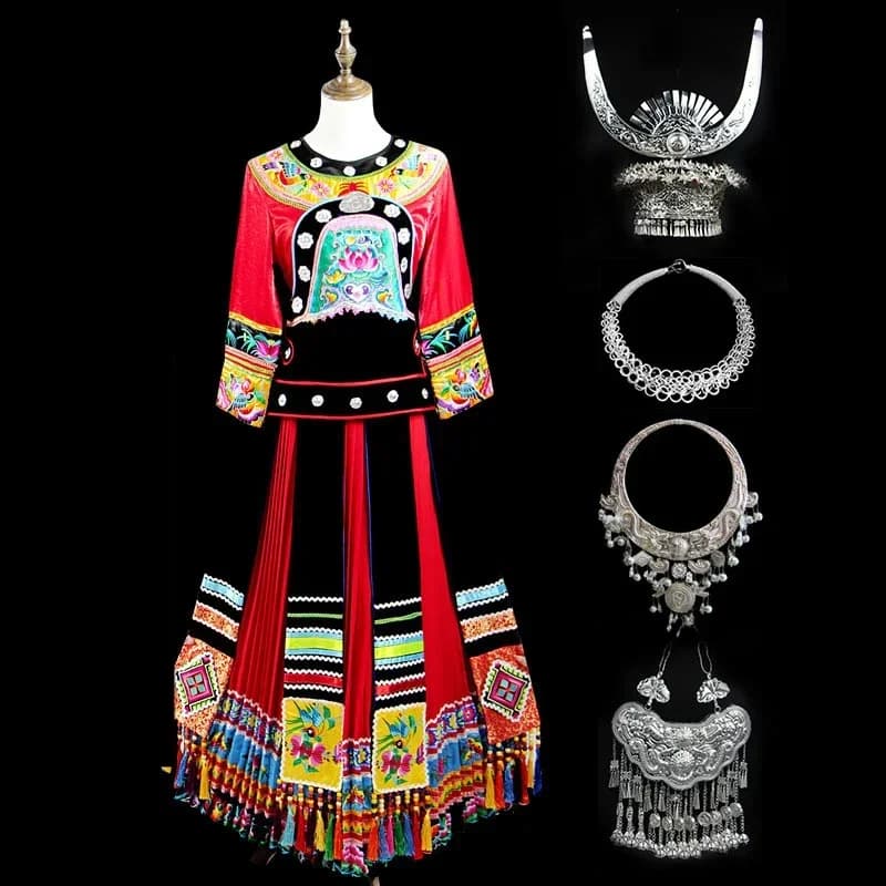 Wedding Dress Hmong Chinese Costumes Hmong Dresses Ethnic Ethnic Embroidery Dance show costume Adult women Miao Hat Clothing