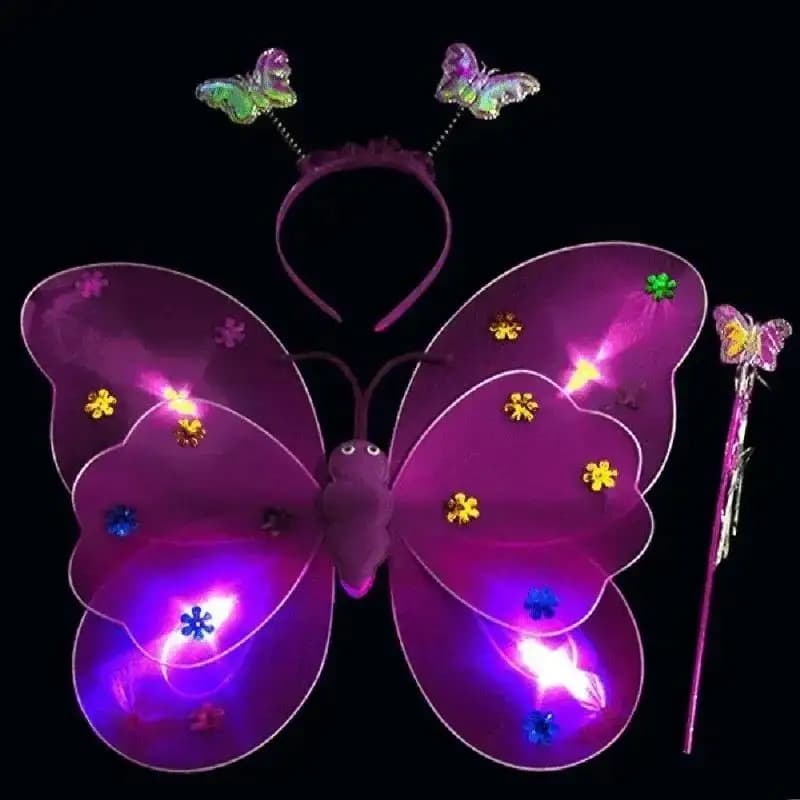 New 3Pcs/Set Double Layers Girls Led Flashing Light Fairy Butterfly Wing Wand Headband Costume Toy Gift Halloween Decoration