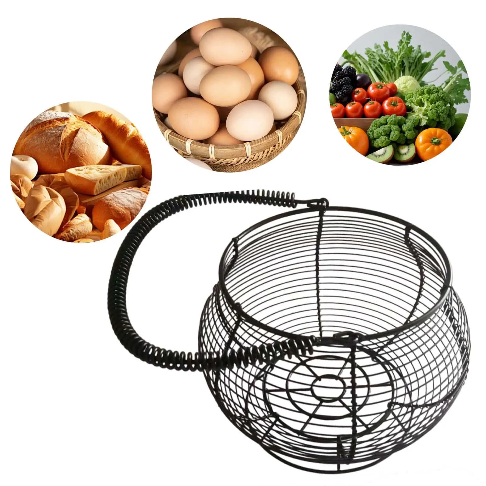 Metal Wire Egg Basket for Gathering Fresh Eggs Container Rustic Countertop Holder Egg Collecting Basket Round for Food Fruits