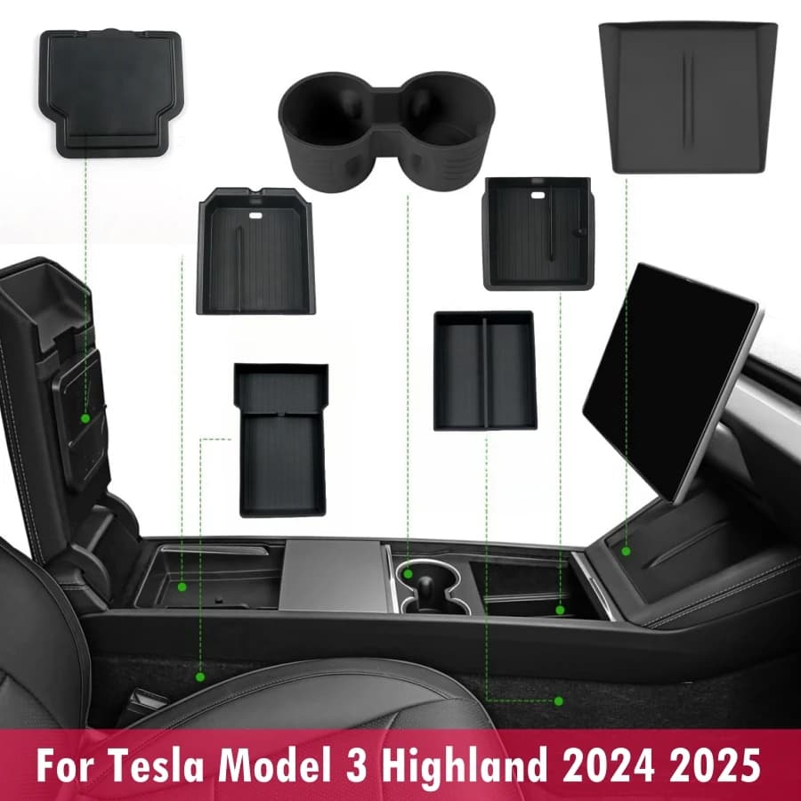 Vassoio organizer per console centrale per Tesla Model 3 Highland 2024 2025 Bracciolo scatola portaoggetti nascosta Portabicchieri Tappetino per caricabatterie wireless