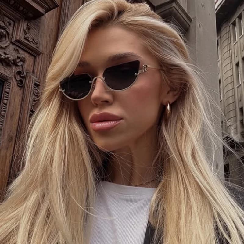 Fashion Brand Half Frame Cat Eye Sunglasses Women New Vintage Small Metal Narrow Sun Glasses Ladies Designer Luxury Hipster