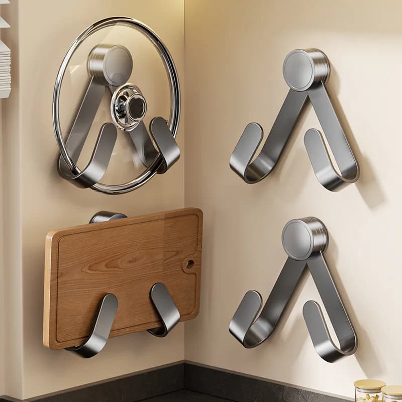 HeMu Fold-able Wall-Hanging Pot Lid Hook Punch-Free Adhesive Kitchen Bracket,Multi-function Storage Holder for Cutting Board