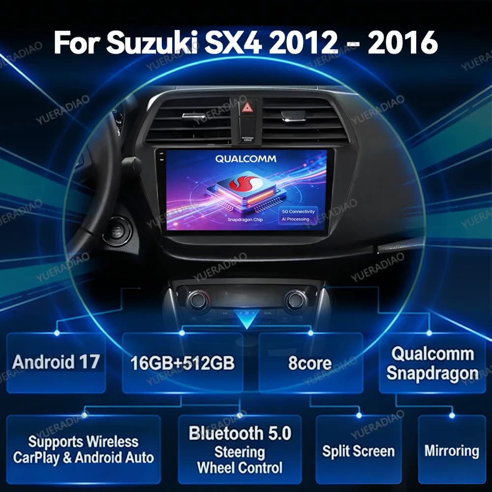 Autoradio Android 17 per Suzuki SX4 2 S-Cross 2012-2016, Lettore Multimediale Video GPS NAVI QLED Qualcomm 4G LTE 5G WIFI BT 2DIN