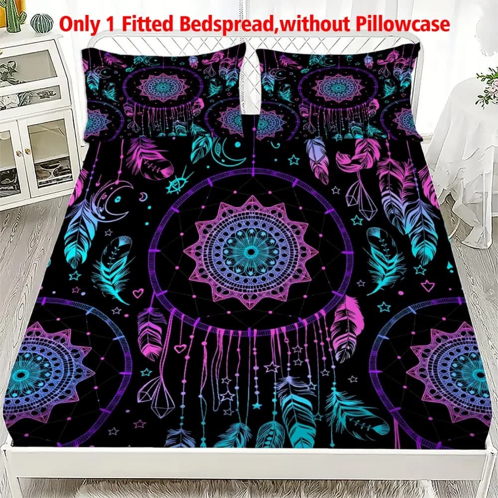 1pc Vibrant Purple Teal Dreamcatcher Print Fitted Sheet Deep Pocket Elastic Mattres Cover Single Double Queen King Bedroom Decor