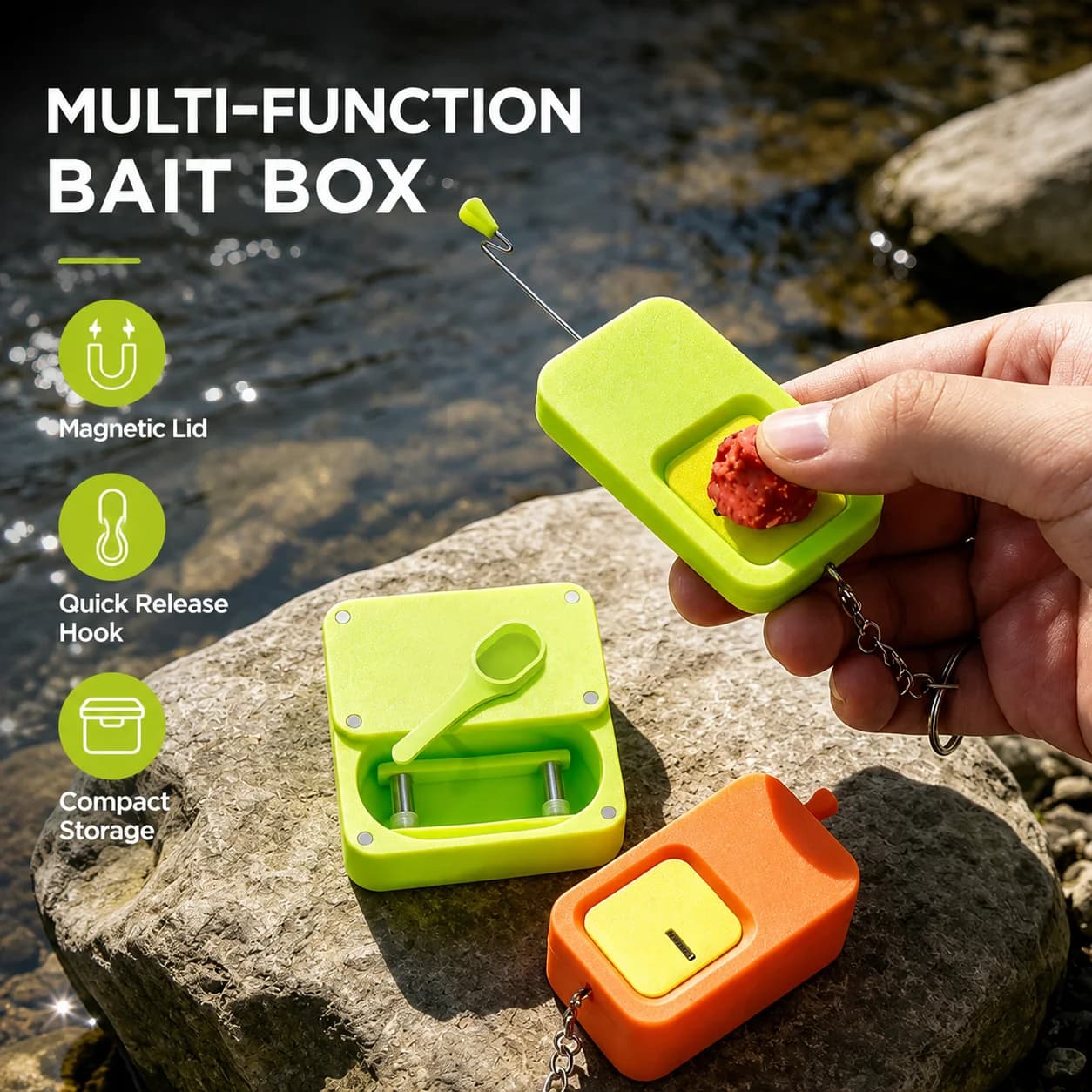 VIKINGAR Multi-Functional Micro Fishing Bait Box Magnetic Bait Tray with Hook Disgorger Scoop Rig Holder Portable Tackle Box