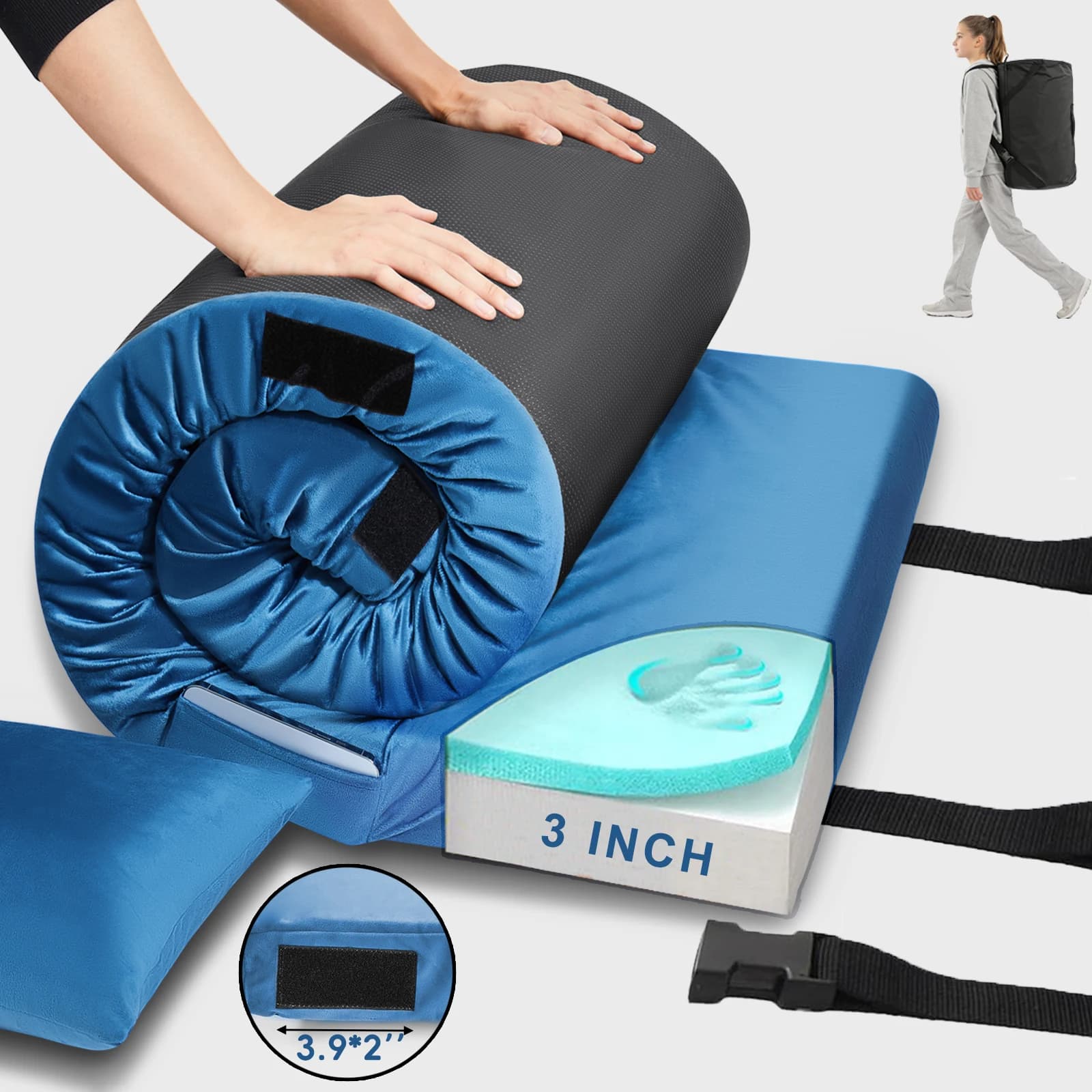 2 x 6 Feet Thickness 3.1 Inches Blue Camping Mattress Pad Memory Foam Camping Mattress with Non-Slip Bottom & Washable Cover Portable Roll Up Floor Camping Mat Camping Sleeping Pad for Adults Car Bed with Travel Bag
