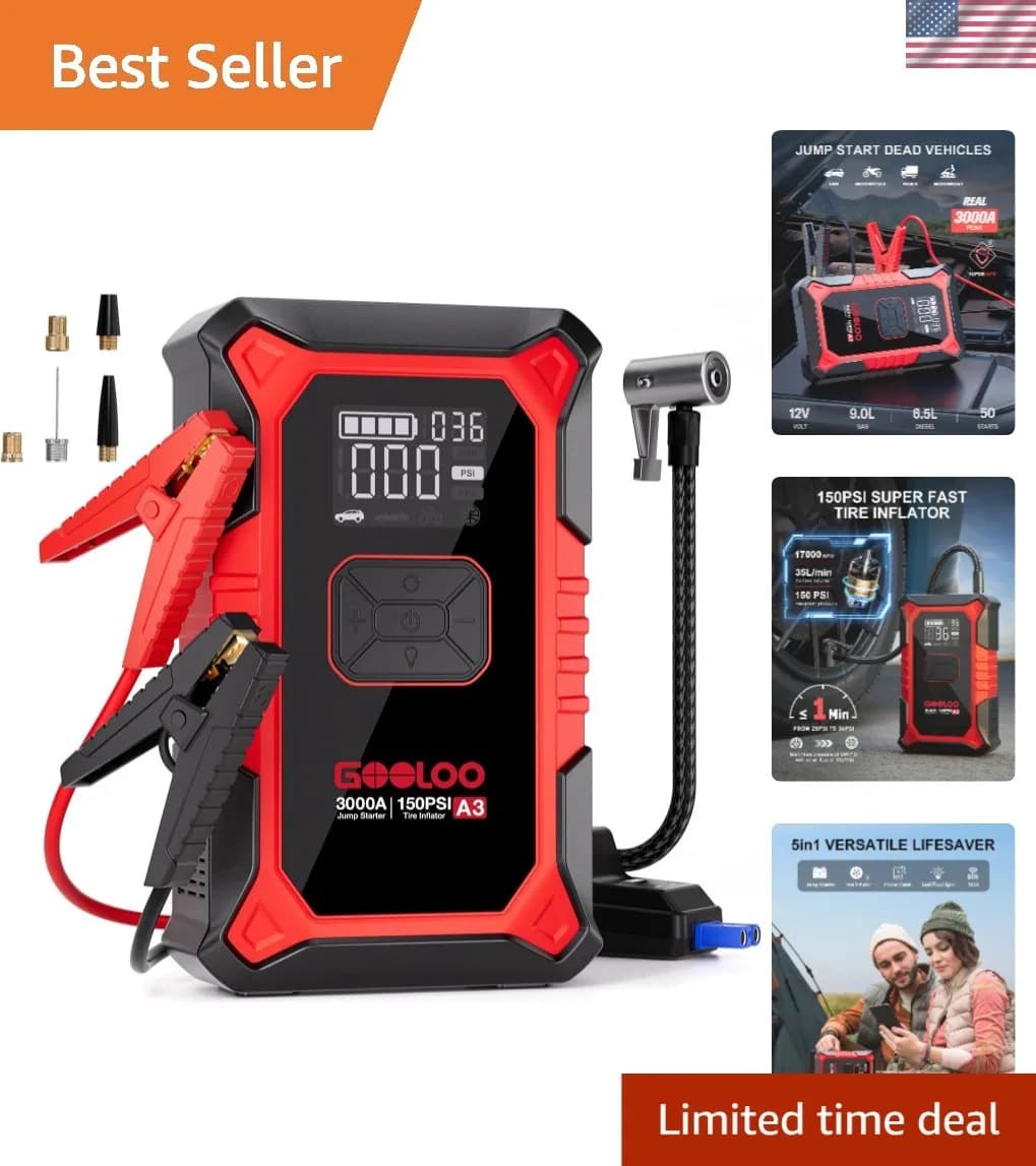 Avviatore di Emergenza A3 con Compressore d'Aria, Booster Portatile per Batteria Auto 3000A - Litio 12V