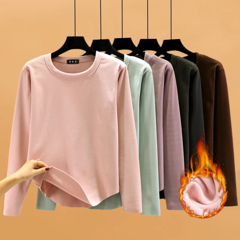 Maglia a maniche lunghe casual foderata in pile ispessito da donna, calda per autunno e inverno, intimo spazzolato stile coreano