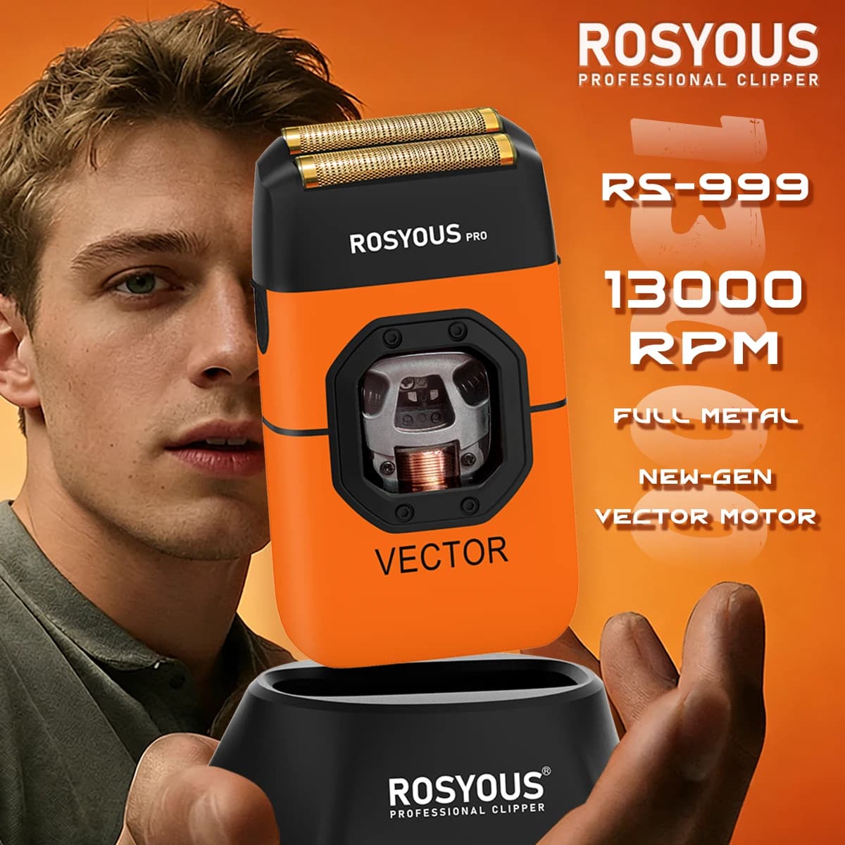 ROSYOUS RS-999 Rasoio Elettrico con Motore Magnetico a Vettore 13000RPM, Completamente in Metallo con Base di Ricarica, Macchina per Taglio Capelli e Regolabarba da Uomo