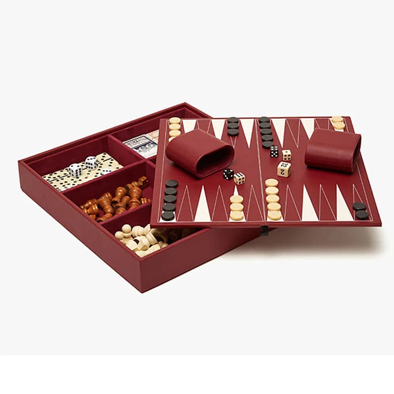 Custom leather 3-in-1 chess set with handmade backgammon and checkers board games, including storage slots