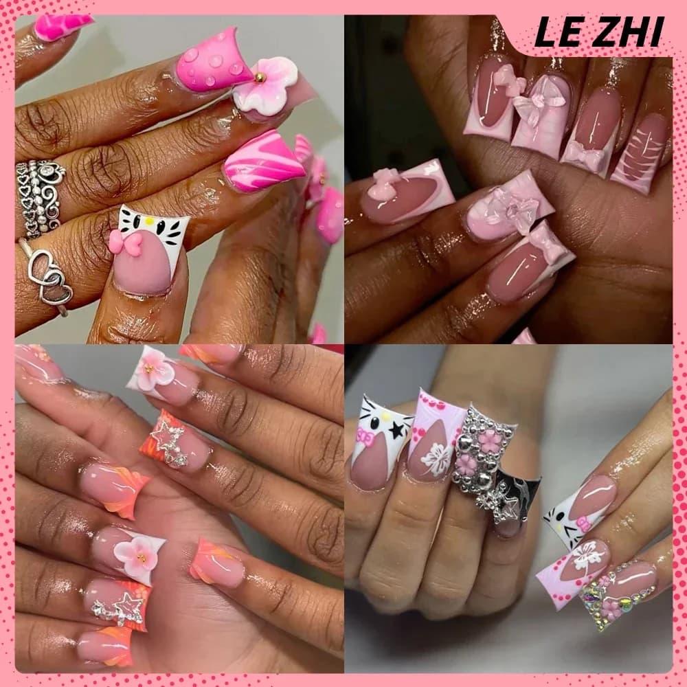 Y2K Duck Bill 3D Fiori rosa Hello Kitty Press On Nail Art Gel acrilico fatto a mano Anatroccolo francese Adesivo per unghie staccabile con diamante