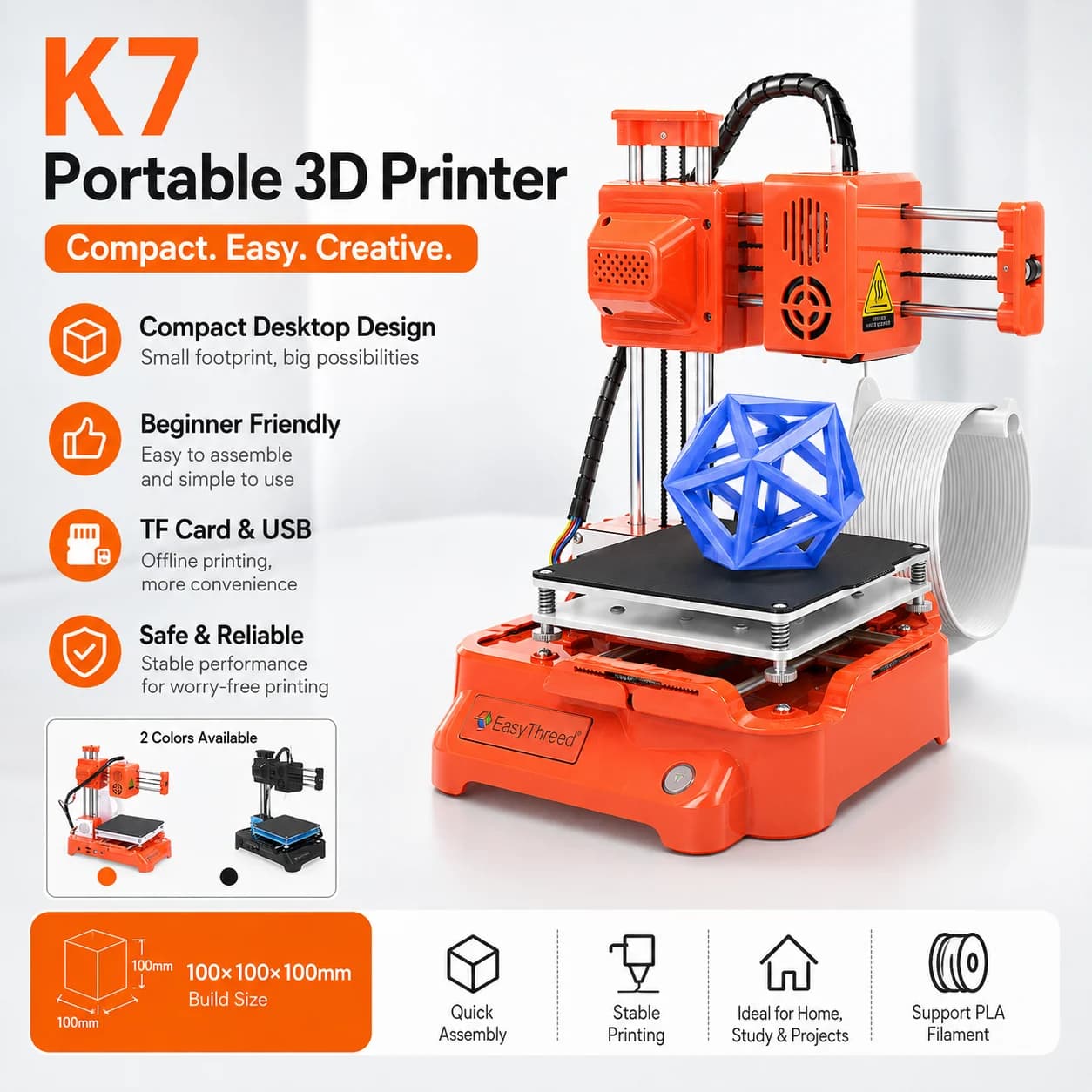K7 Mini 3D Printer for Kids Beginners Portable FDM Printer STEM Educational DIY Creative Gift with PLA Filament