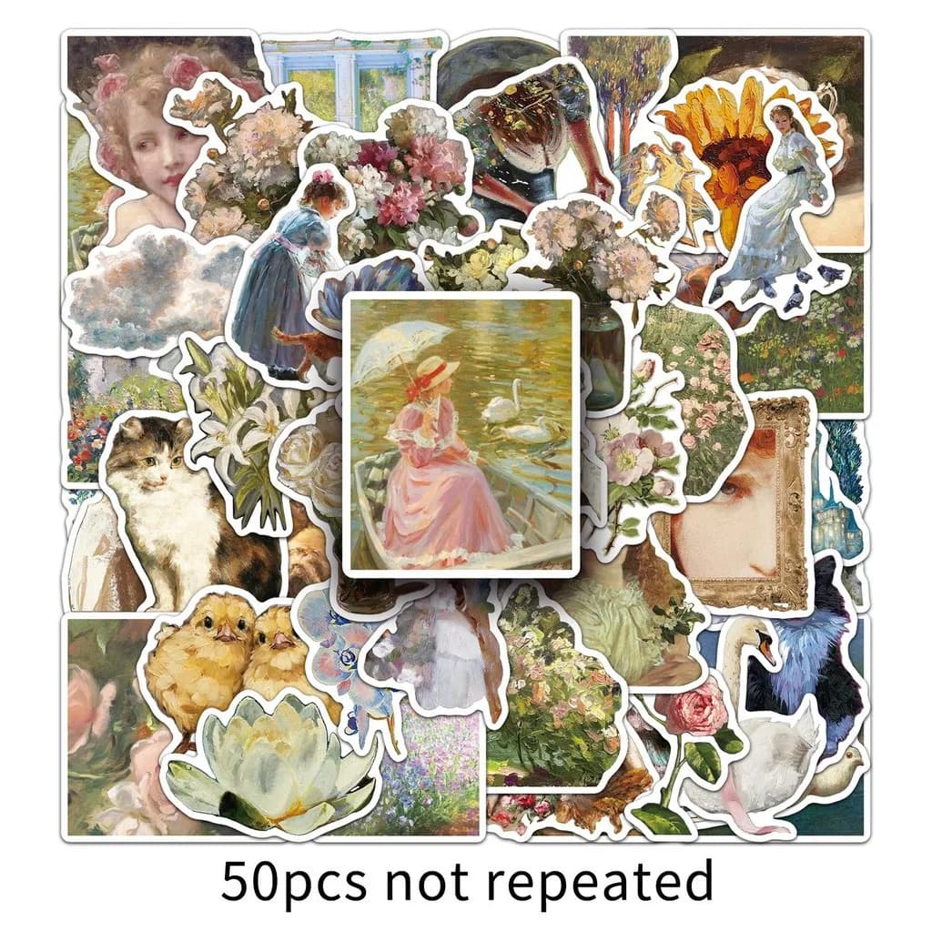 50 Pcs Vintage Oil Painting Stickers-Cartoon Western Creative Art Graffiti Decals for Journal Luggage Laptop