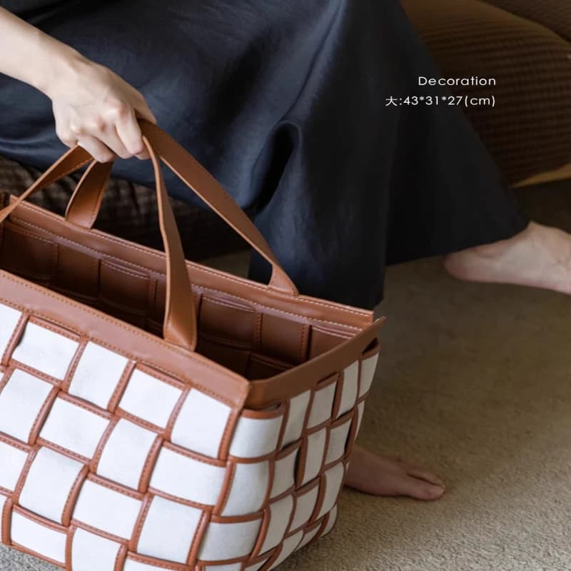 Weaving/large capacity! Golden brown saddle leather storage basket dirty laundry basket picnic bag portable toilet bag