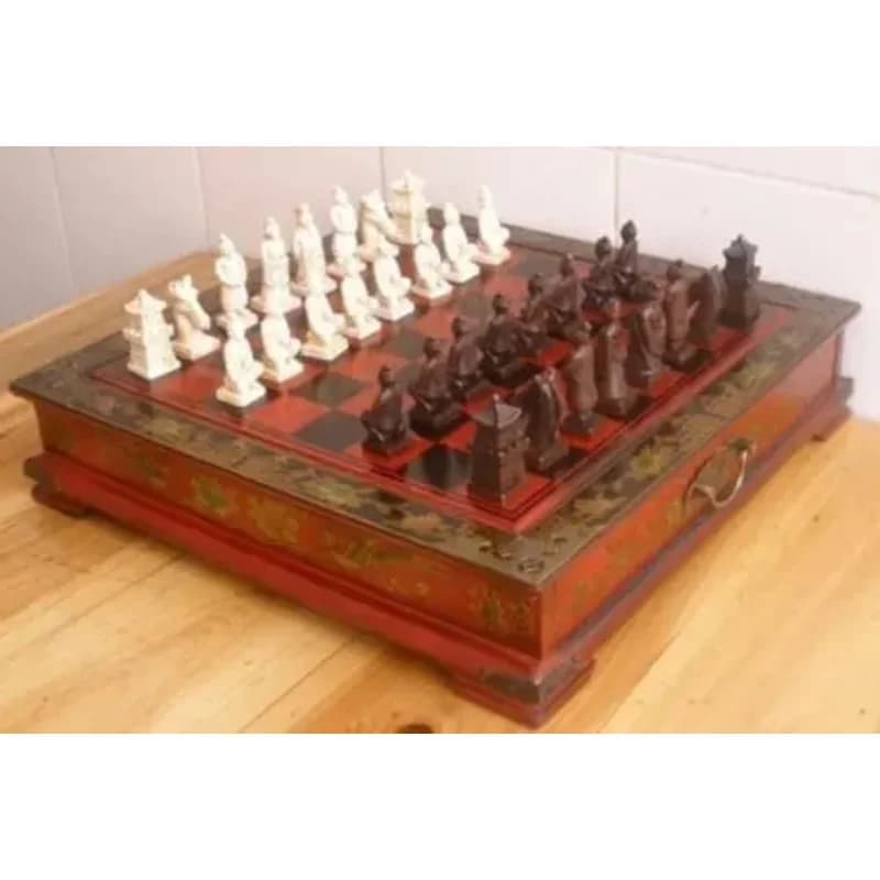 Squisito set di scacchi cinese da 32 pezzi e tavolo con scatola in legno e pelle con motivo floreale e uccelli