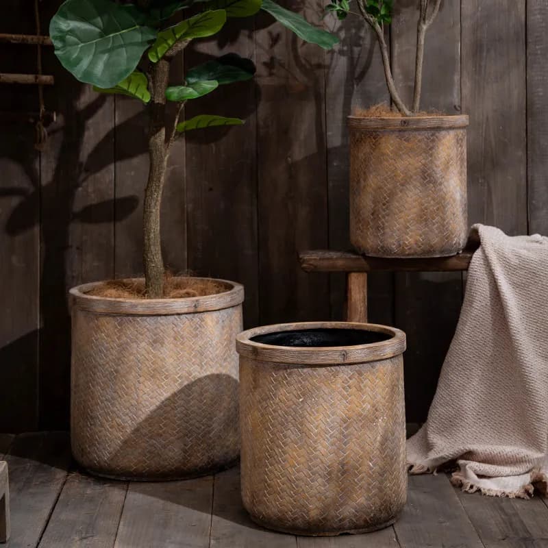 Floor Standing Woven Planter with Drainage Tray, Magnesium Oxide Scandinavian Flower Pot, Freestanding Seagrass Basket