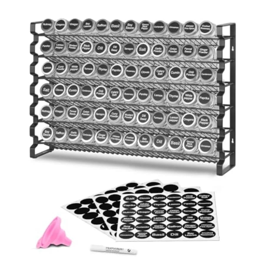 Organizzatore per spezie da armadio con 72 barattoli vuoti, coperchi, etichette per spezie e imbuto - Set completo per condimenti